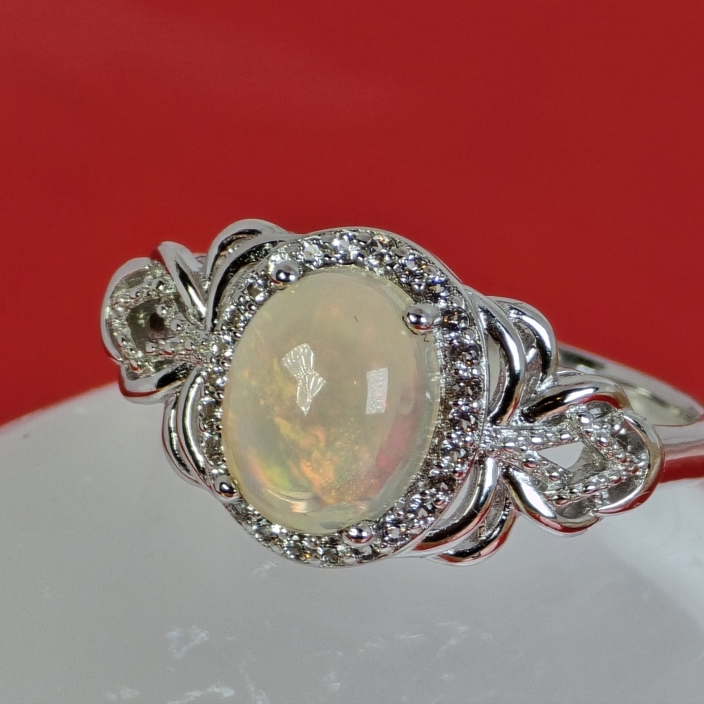 925 Sterling Silver Ring Sz 7.5 with Natural Fire Opal 9x7mm & White Topaz Gems.